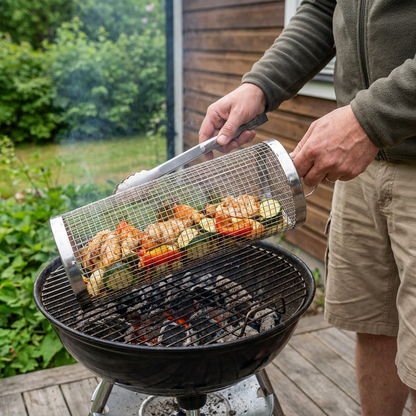 RVS Rollende Barbecue Mand – 360° Roterende Grillmand voor Groenten en Vlees