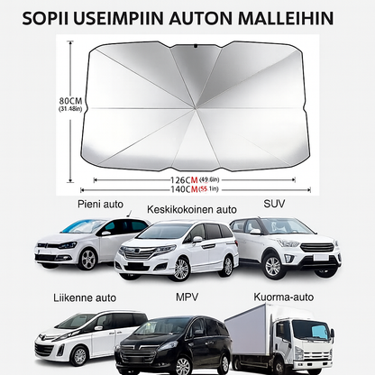 Taitettava tuulilasin aurinkosuoja – sateenvarjomainen muotoilu kuumuutta ja UV-säteitä vastaan