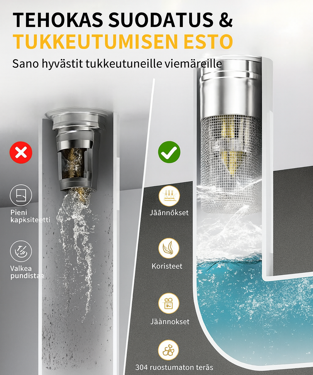 2-in-1 pesualtaan tulppa ja hiussihti