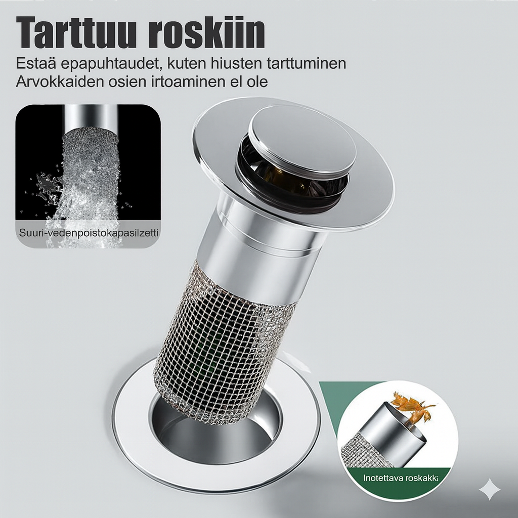 2-in-1 pesualtaan tulppa ja hiussihti