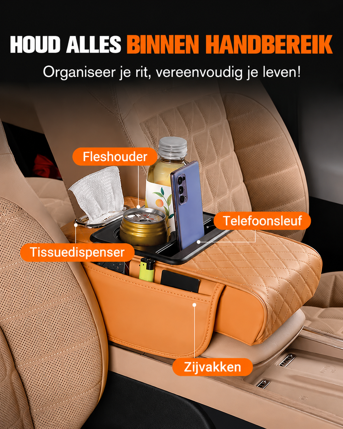 Multifunctionele Auto-armsteun – Universele Middenarmsteun met Opbergvak (PU-leer)