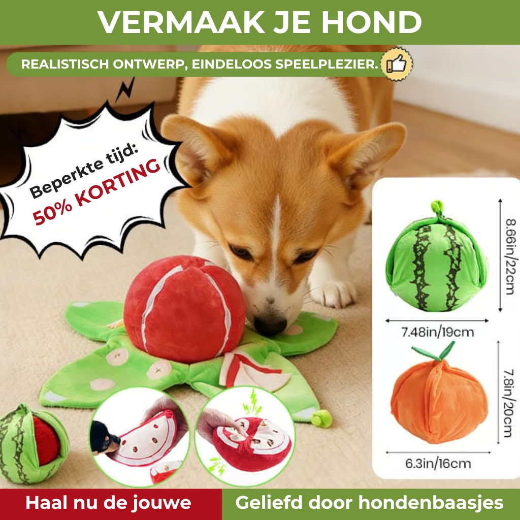 Interactief Snuffelspel Hond - Fruit Puzzel Knuffel met Verstopvakjes