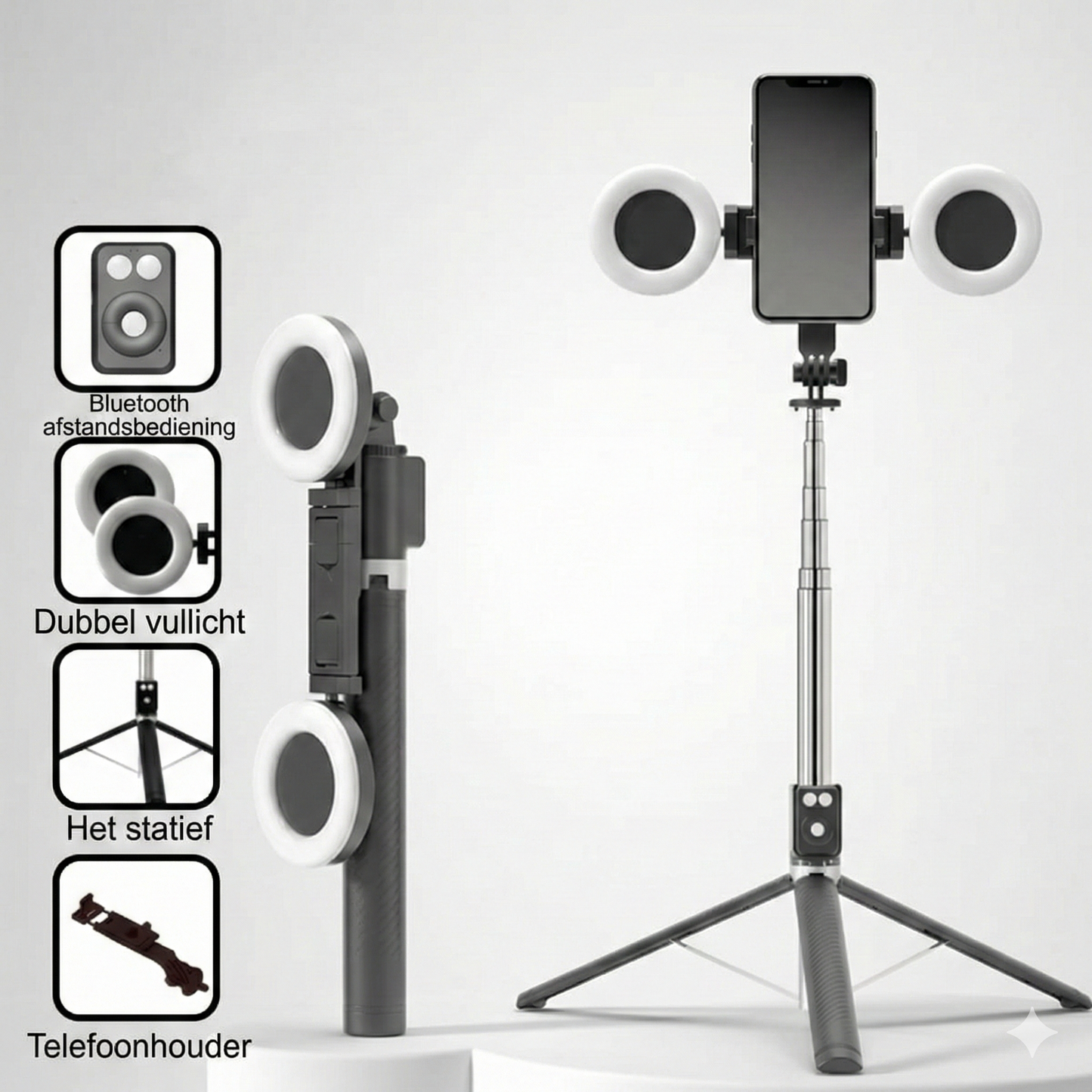 6-in-1 Selfiestick Statief met Licht - Bluetooth Tripod met Afstandsbediening (Voor iPhone & Android).