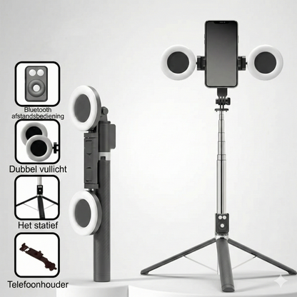 6-in-1 Selfiestick Statief met Licht - Bluetooth Tripod met Afstandsbediening (Voor iPhone & Android).