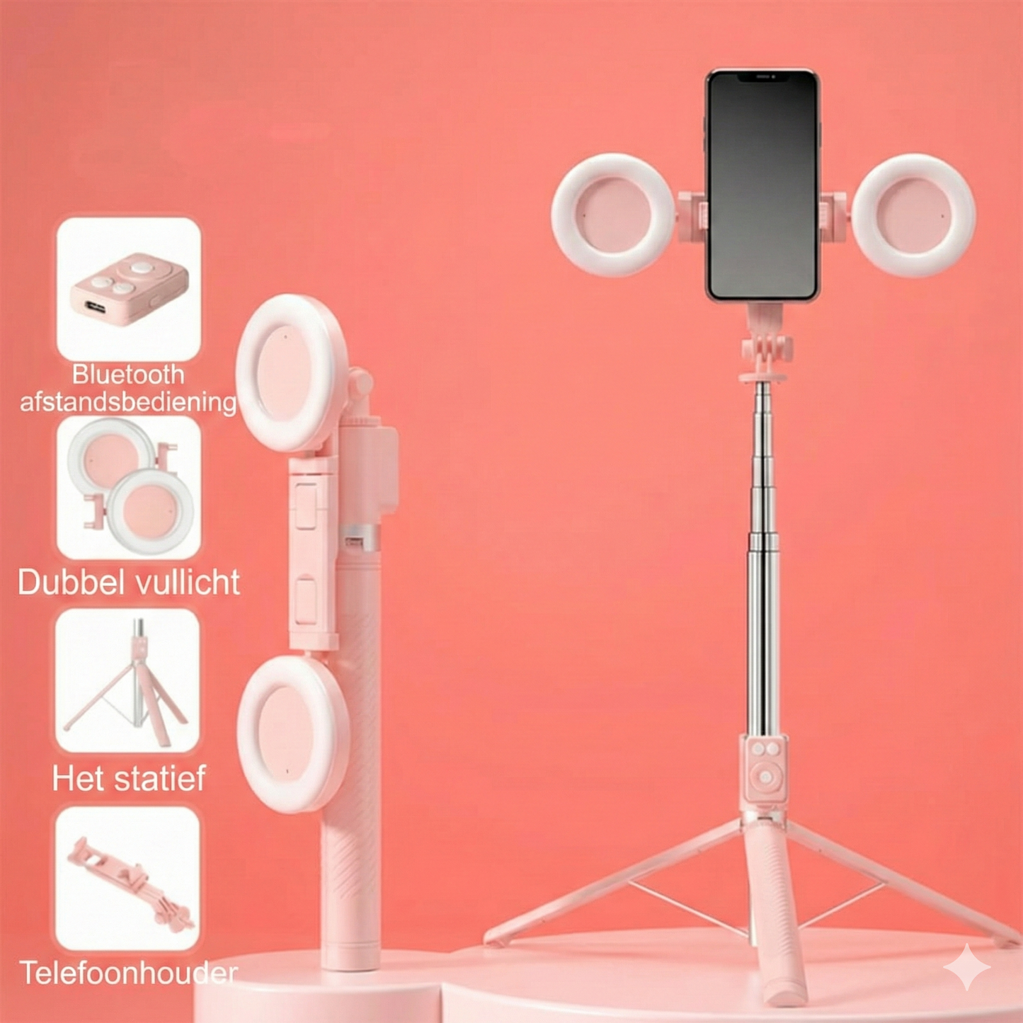 6-in-1 Selfiestick Statief met Licht - Bluetooth Tripod met Afstandsbediening (Voor iPhone & Android).