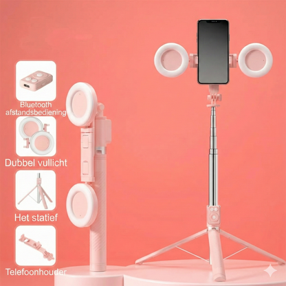 6-in-1 Selfiestick Statief met Licht - Bluetooth Tripod met Afstandsbediening (Voor iPhone & Android).