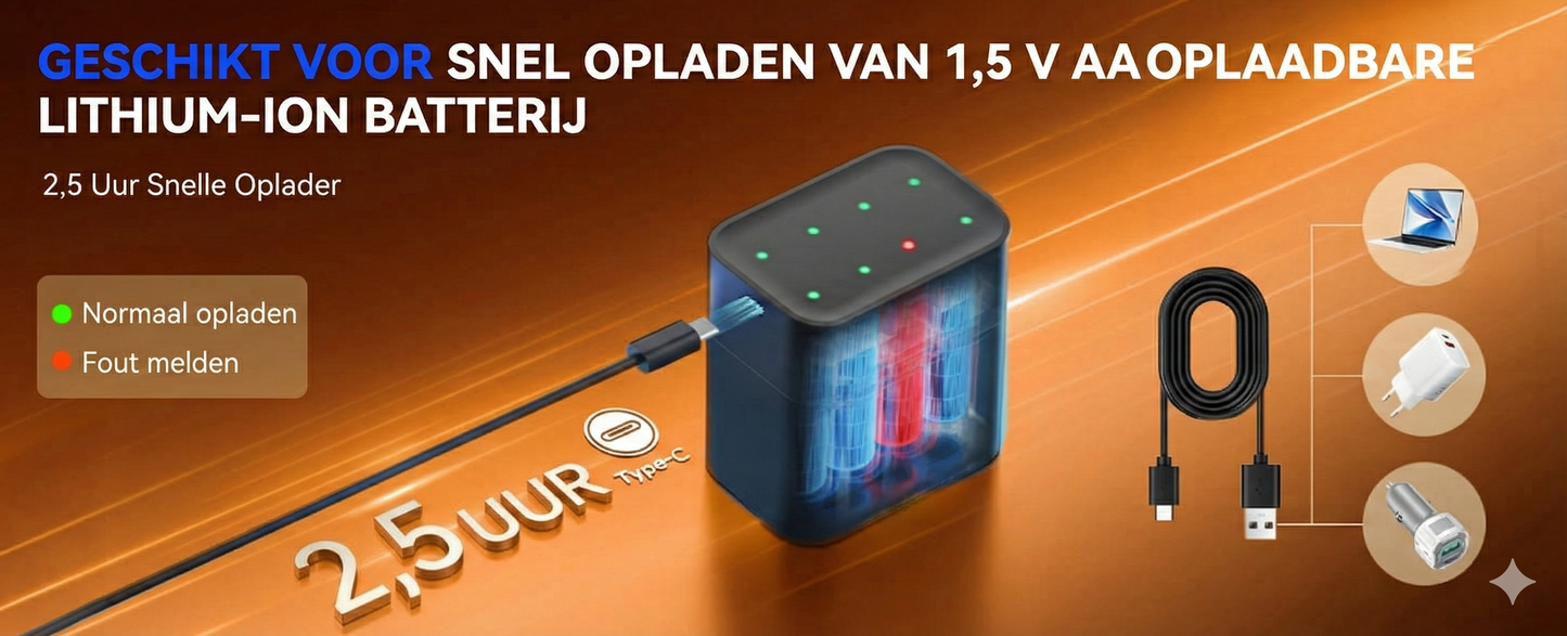 Batterijlader Set met 8 AA Oplaadbare Batterijen- Snellader 2,5 Uur (Geschikt voor AA & AAA).