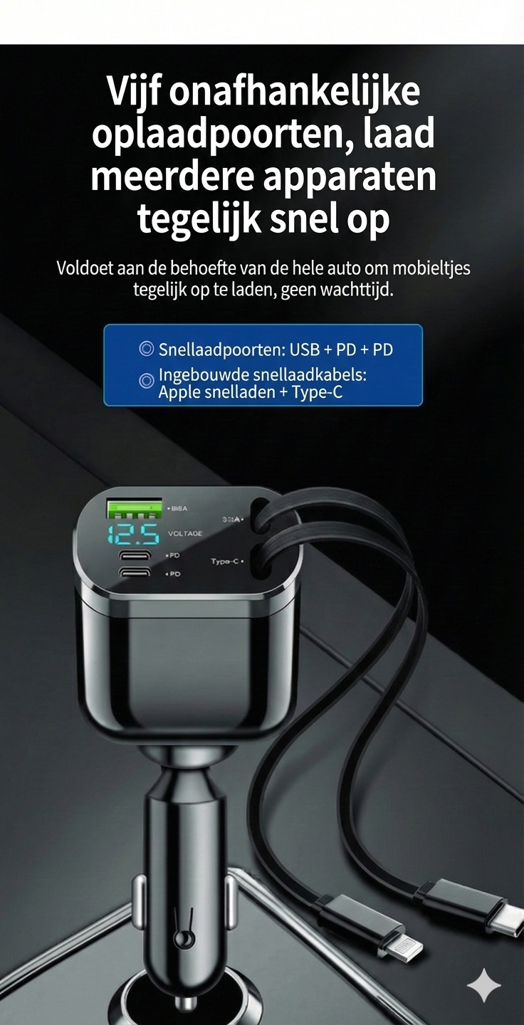 5-in-1 Autolader Voor & Achterbank - Met Verlengsnoer
