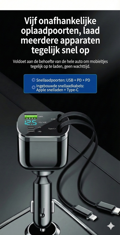 5-in-1 Autolader Voor & Achterbank - Met Verlengsnoer