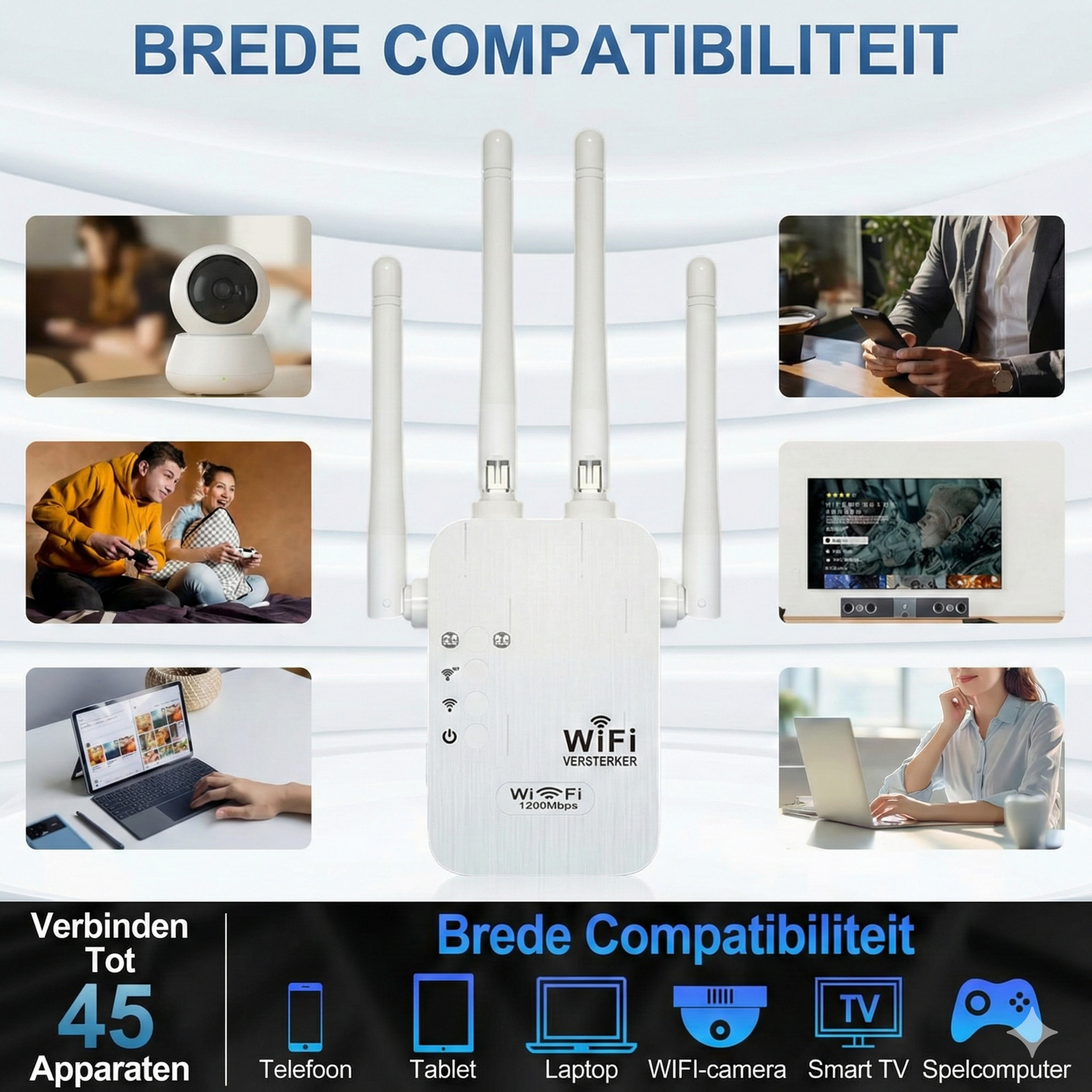 WiFi Versterker 1200 Mbps - Dual Band Repeater (5GHz & 2.4GHz) - Met Ethernetpoort & WPS.