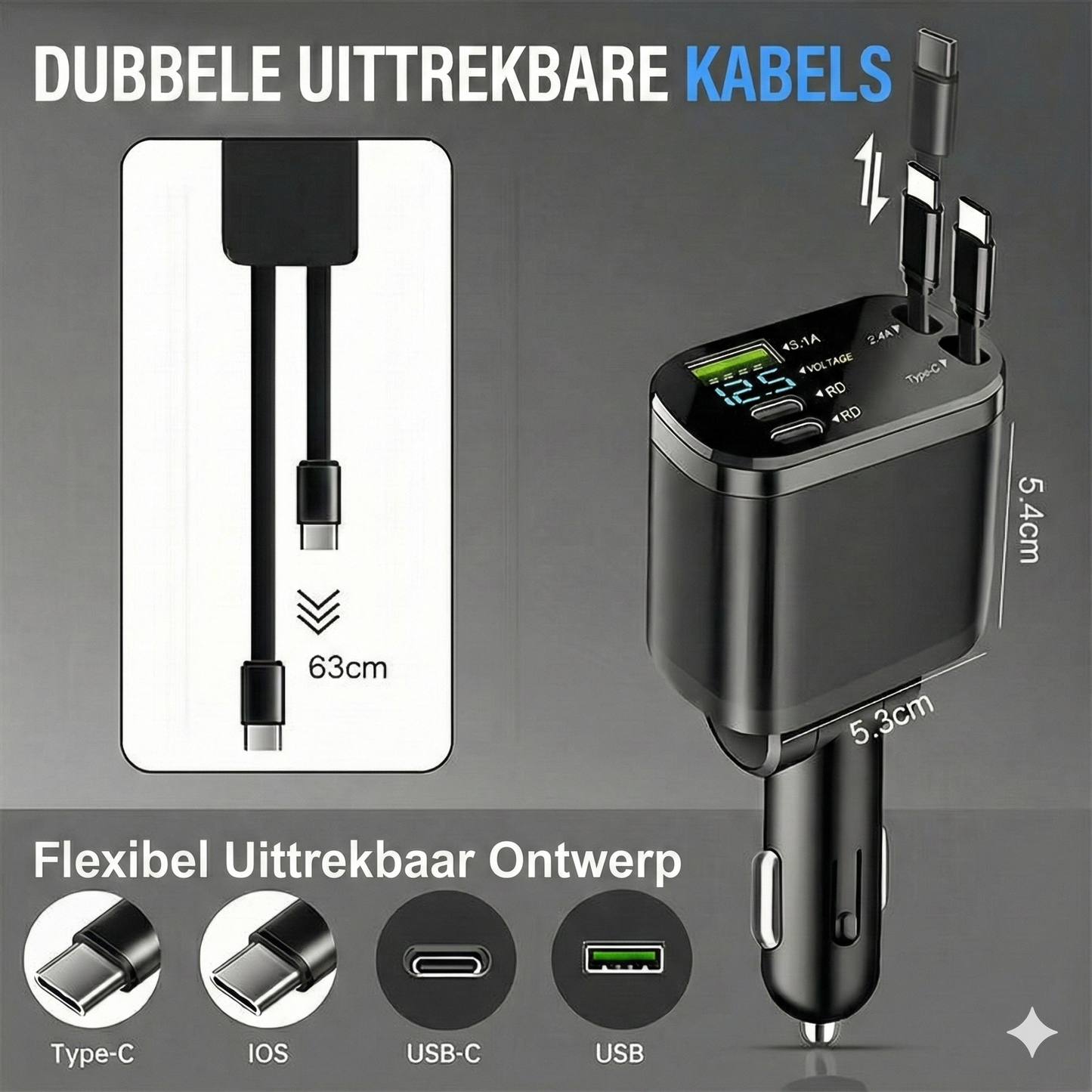 5-in-1 Autolader Voor & Achterbank - Met Verlengsnoer