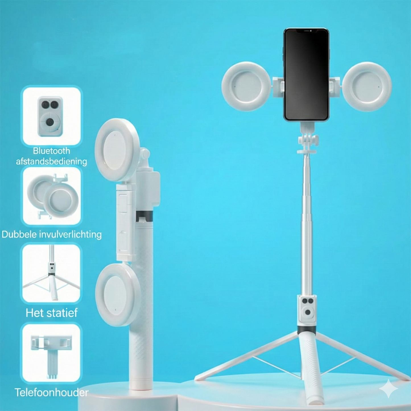 6-in-1 Selfiestick Statief met Licht - Bluetooth Tripod met Afstandsbediening (Voor iPhone & Android).