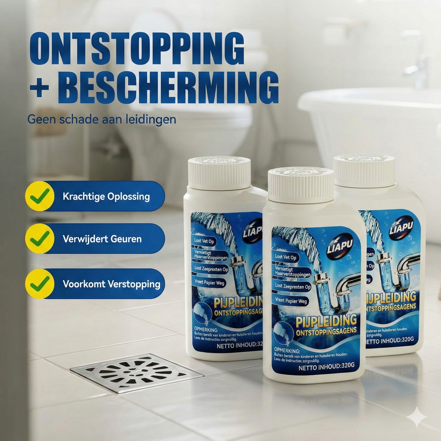 Krachtige Afvoerontstopper - Vloeibaar Ontstoppingsmiddel voor Keuken, Douche & Toilet (Lost Haren & Vet op)