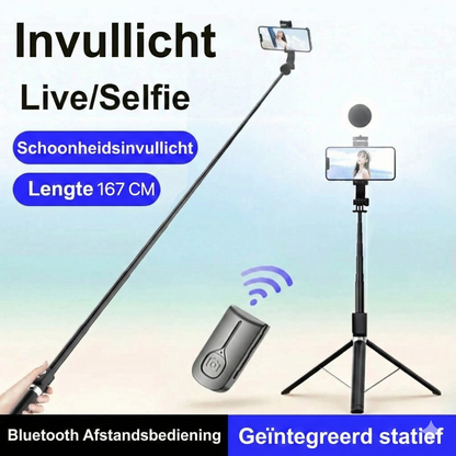 6-in-1 Selfiestick Statief met Licht - Bluetooth Tripod met Afstandsbediening (Voor iPhone & Android).