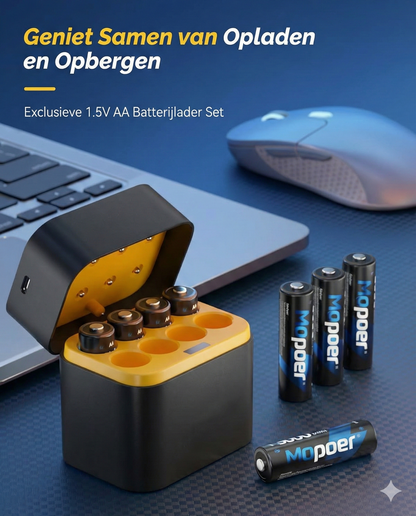 Batterijlader Set met 8 AA Oplaadbare Batterijen- Snellader 2,5 Uur (Geschikt voor AA & AAA).