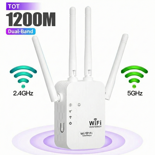 WiFi Versterker 1200 Mbps - Dual Band Repeater (5GHz & 2.4GHz) - Met Ethernetpoort & WPS.