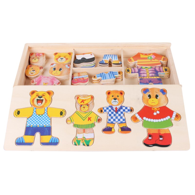 Houten Verkleedpuzzel Beer - Puzzelkist in Opbergdoos (Educatief Speelgoed).