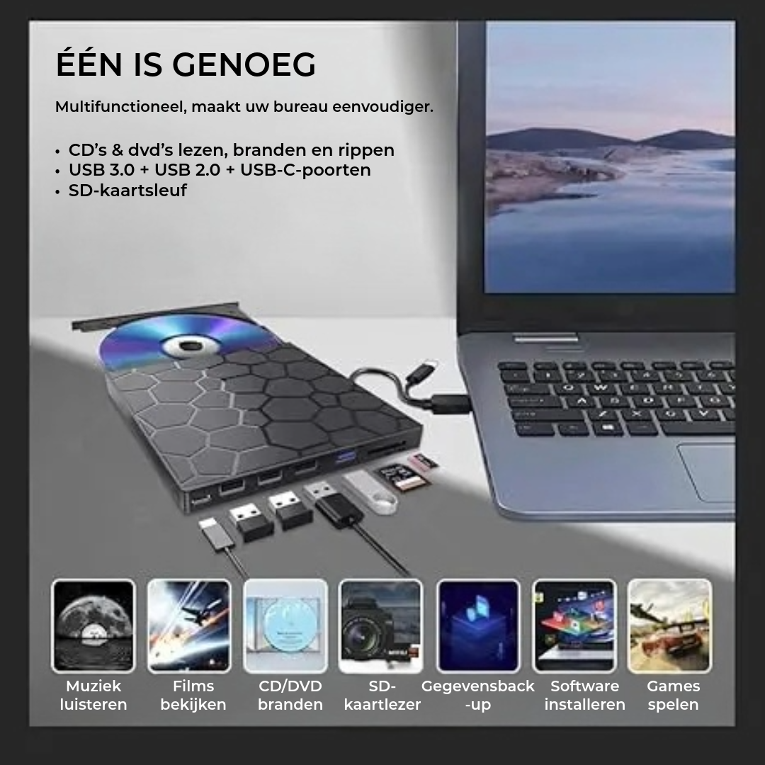 Externe DVD Speler & Brander 8-in-1 - Met USB Hub