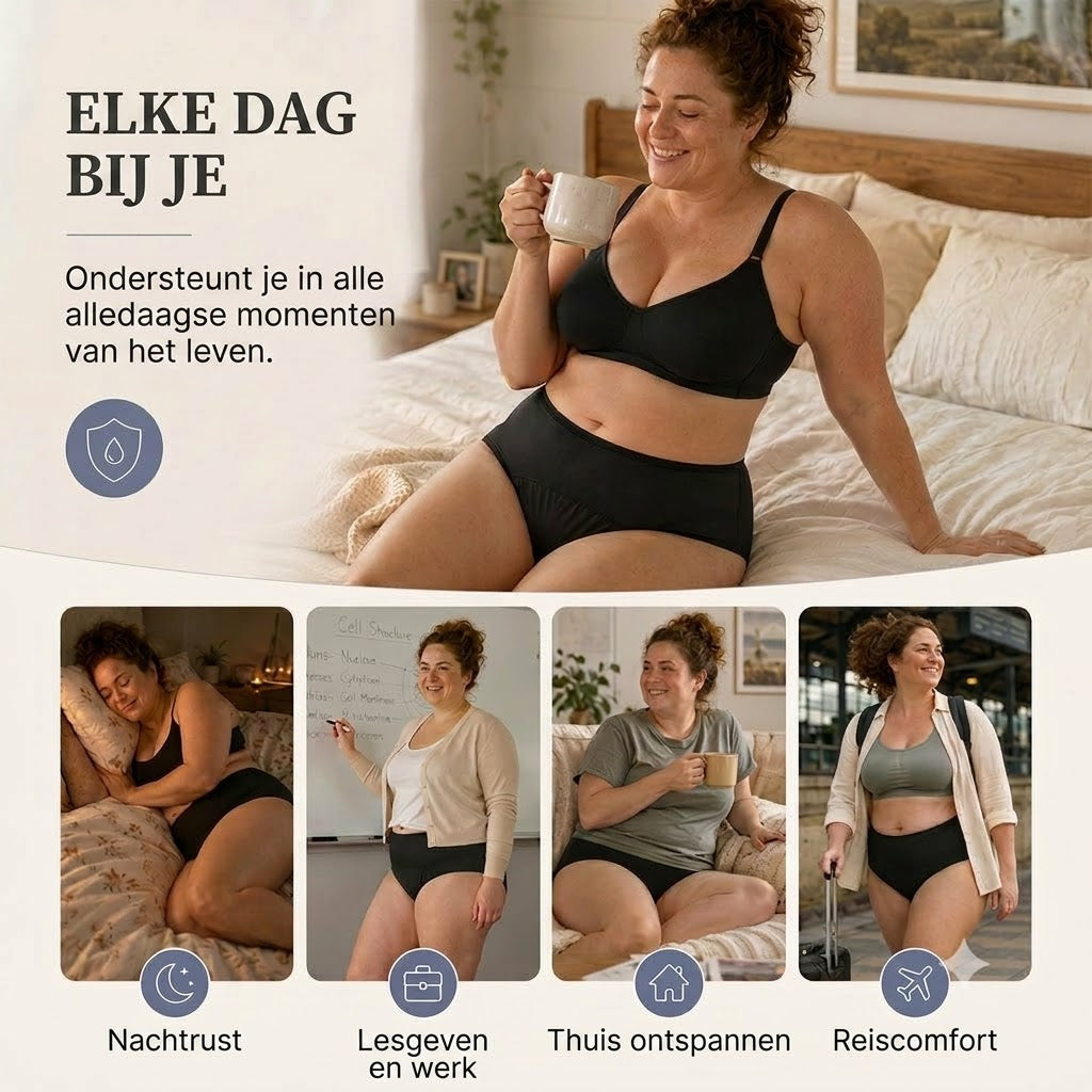 Lekvrije menstruatieslip met hoge taille, dubbele bescherming voor en achter – voorkomt effectief doorlekken aan de zijkanten