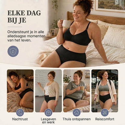 Lekvrije menstruatieslip met hoge taille, dubbele bescherming voor en achter – voorkomt effectief doorlekken aan de zijkanten