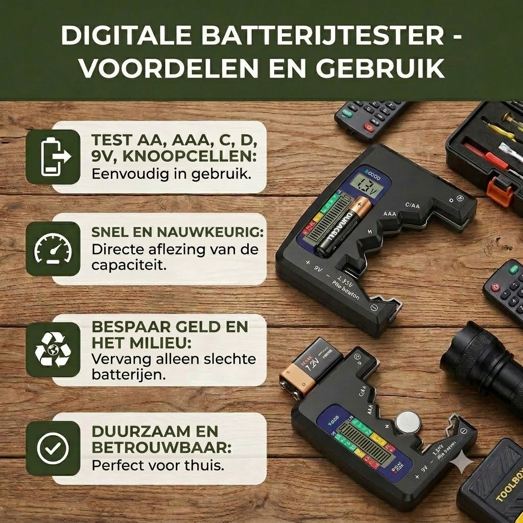 Digitale batterijtester met LCD-scherm – kan de capaciteit meten van AA, AAA, C, D, 9V en knoopcelbatterijen 🔋