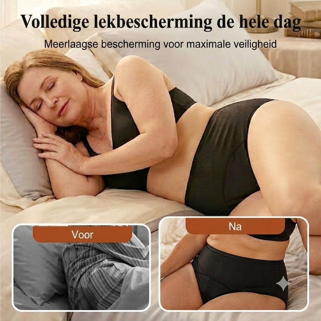 Lekvrije menstruatieslip met hoge taille, dubbele bescherming voor en achter – voorkomt effectief doorlekken aan de zijkanten