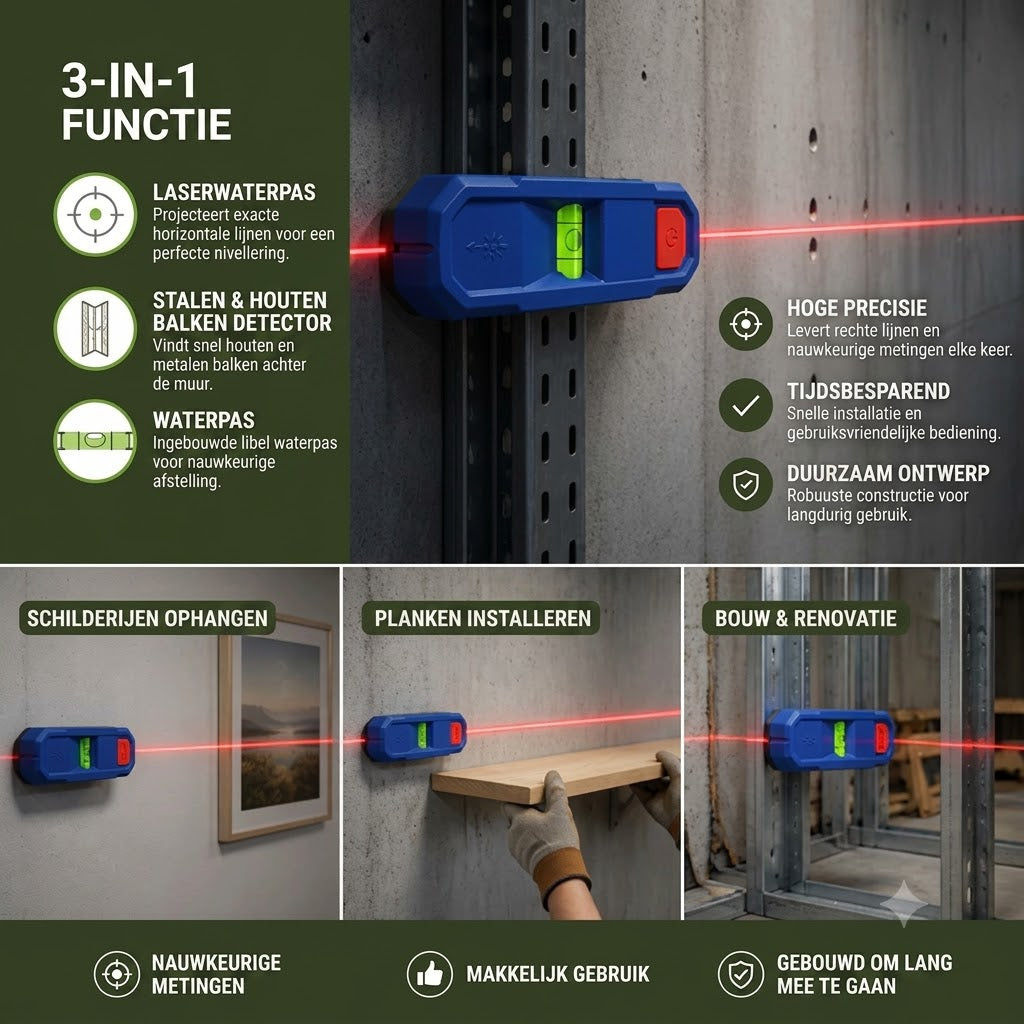 3-in-1 Magnetische Laserwaterpas & Muurdetector