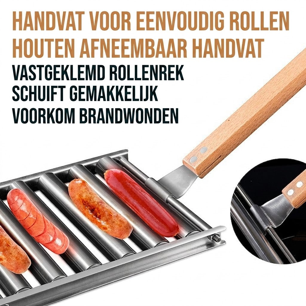 Roestvrijstalen worstroller voor op de grill — Met houten handvat