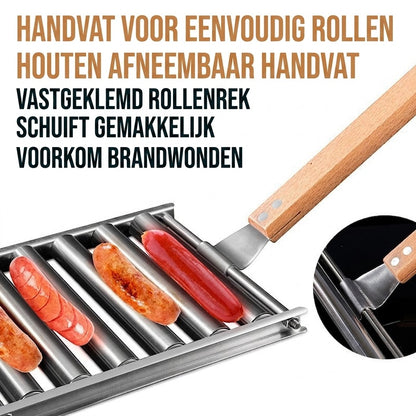 Roestvrijstalen worstroller voor op de grill — Met houten handvat