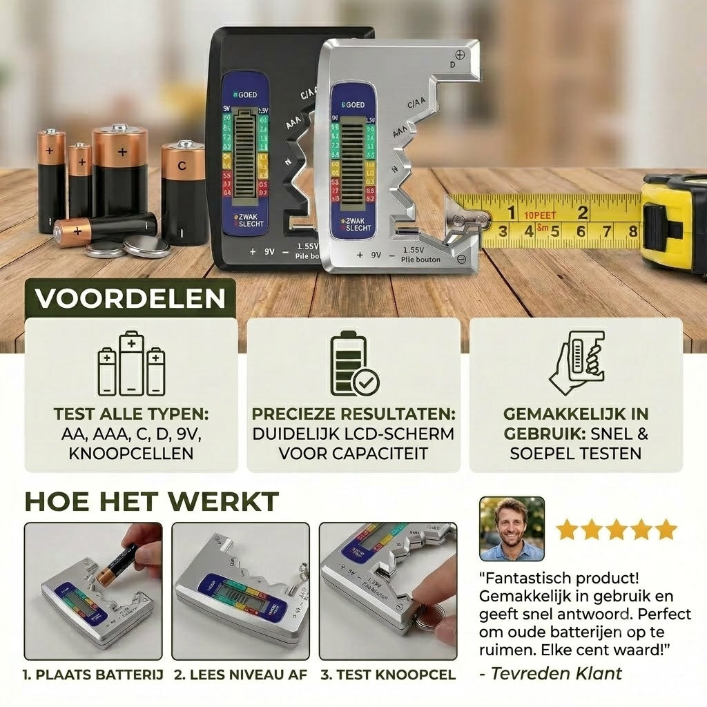 Digitale batterijtester met LCD-scherm – kan de capaciteit meten van AA, AAA, C, D, 9V en knoopcelbatterijen 🔋