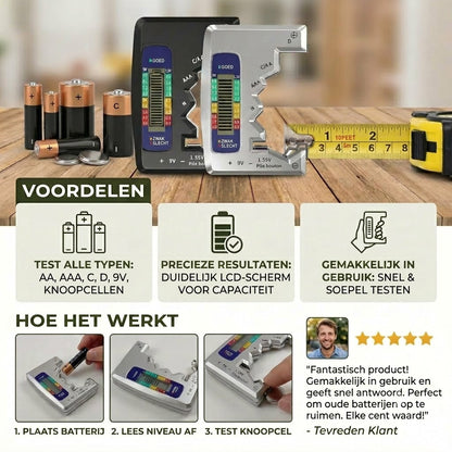 Digitale batterijtester met LCD-scherm – kan de capaciteit meten van AA, AAA, C, D, 9V en knoopcelbatterijen 🔋
