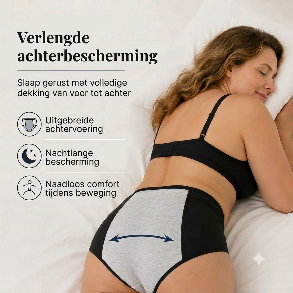 Lekvrije menstruatieslip met hoge taille, dubbele bescherming voor en achter – voorkomt effectief doorlekken aan de zijkanten