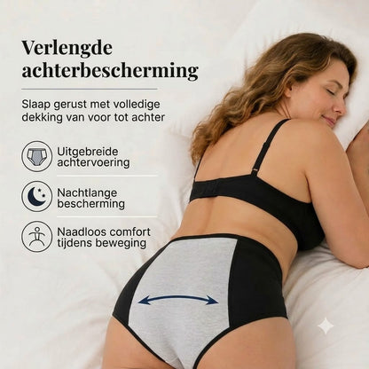 Lekvrije menstruatieslip met hoge taille, dubbele bescherming voor en achter – voorkomt effectief doorlekken aan de zijkanten