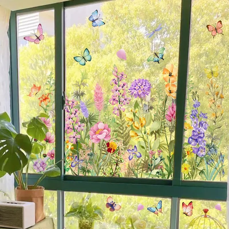 🦋🌺 Kleurrijke Bloemenboeket Raamstickers 🌷🌹