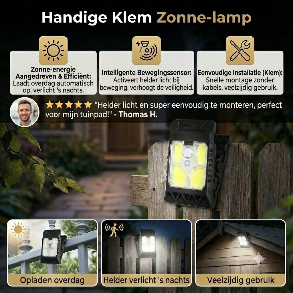Praktische solarlamp met klem en bewegingssensor