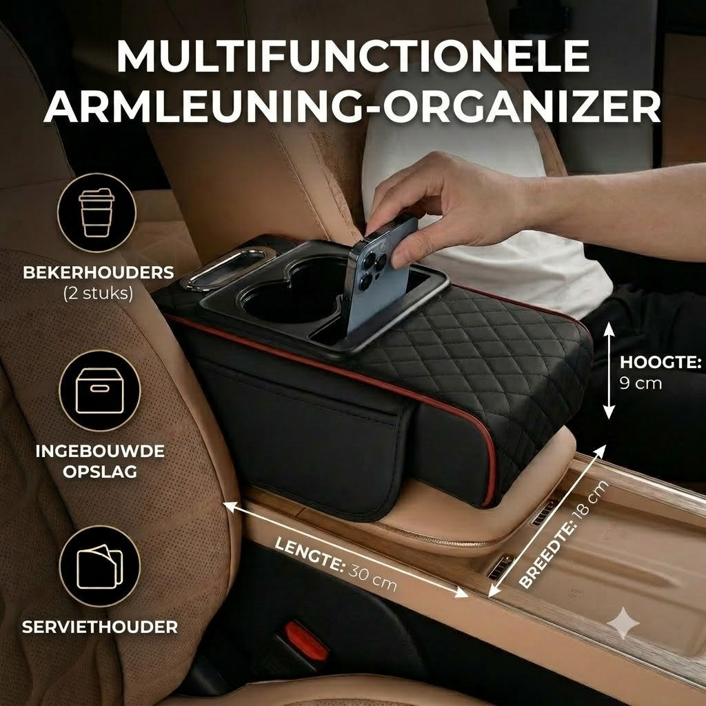 Multifunctionele opbergtas voor de armsteun van de auto - met bekerhouder en ingebouwde vakken