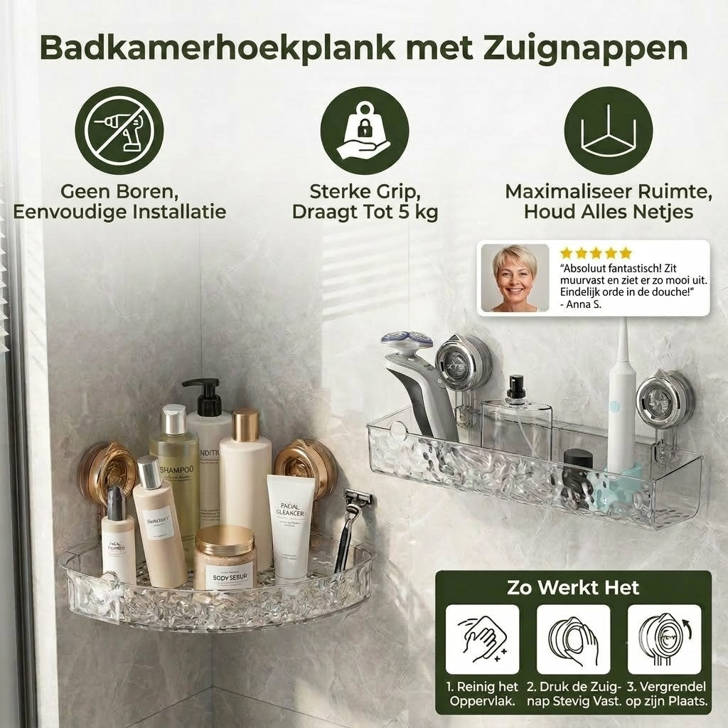 Badkamer hoekrek met zuignappen - zonder boren