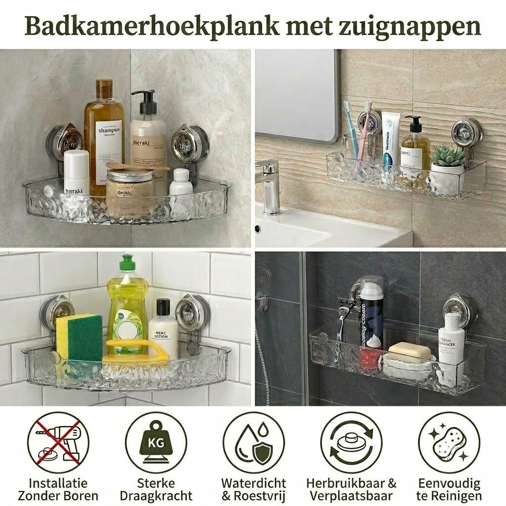 Badkamer hoekrek met zuignappen - zonder boren