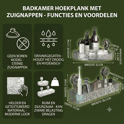 Badkamer hoekrek met zuignappen - zonder boren