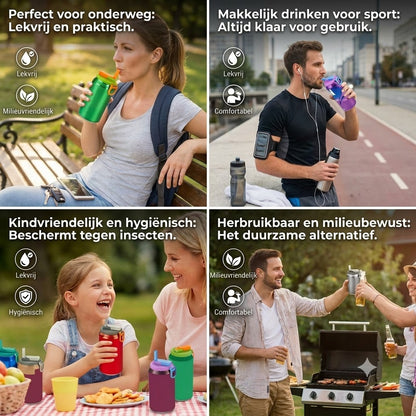 2-in-1 herbruikbare siliconen rietjesdop – Lekvrij, draagbaar drinkdeksel (set van 2)