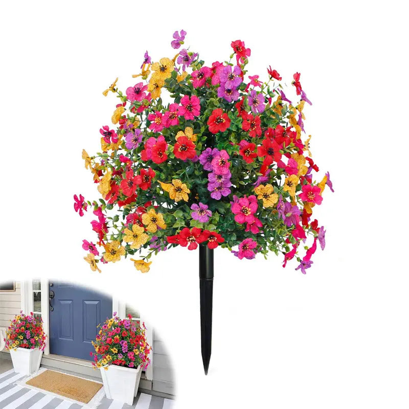 Bloemdecoratie met kunstmatige eucalyptus en viooltjes