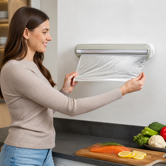 Magnetische wandgemonteerde dispenser voor aluminiumfolie en vershoudfolie, met veiligheidssnijder.