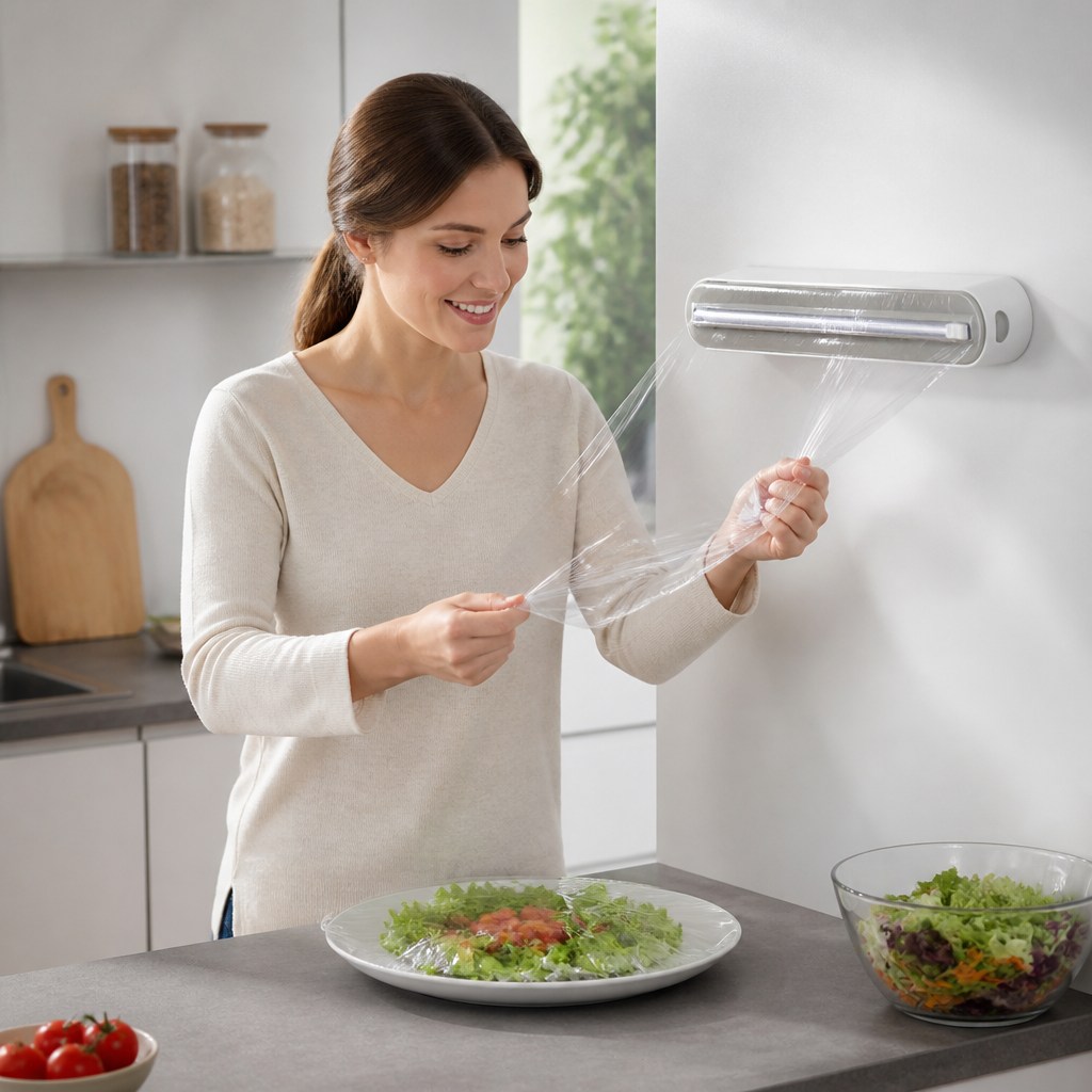 Magnetische wandgemonteerde dispenser voor aluminiumfolie en vershoudfolie, met veiligheidssnijder.