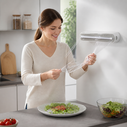 Magnetische wandgemonteerde dispenser voor aluminiumfolie en vershoudfolie, met veiligheidssnijder.