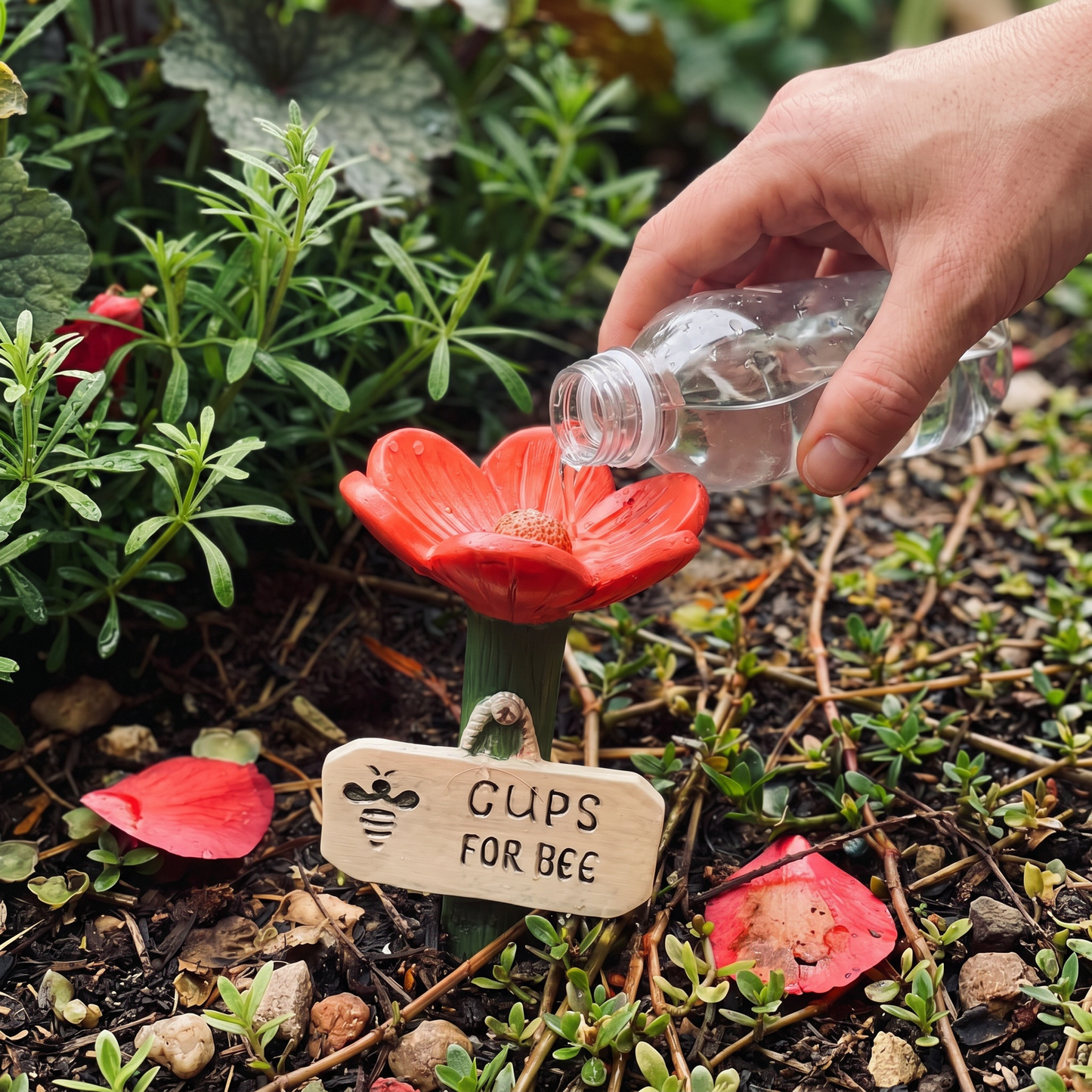 Bloemvormige bijendrinker – kleurrijke drinkplaats in de tuin