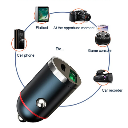 Autolaturi, jossa on USB-C- ja USB-A-pikaliitin