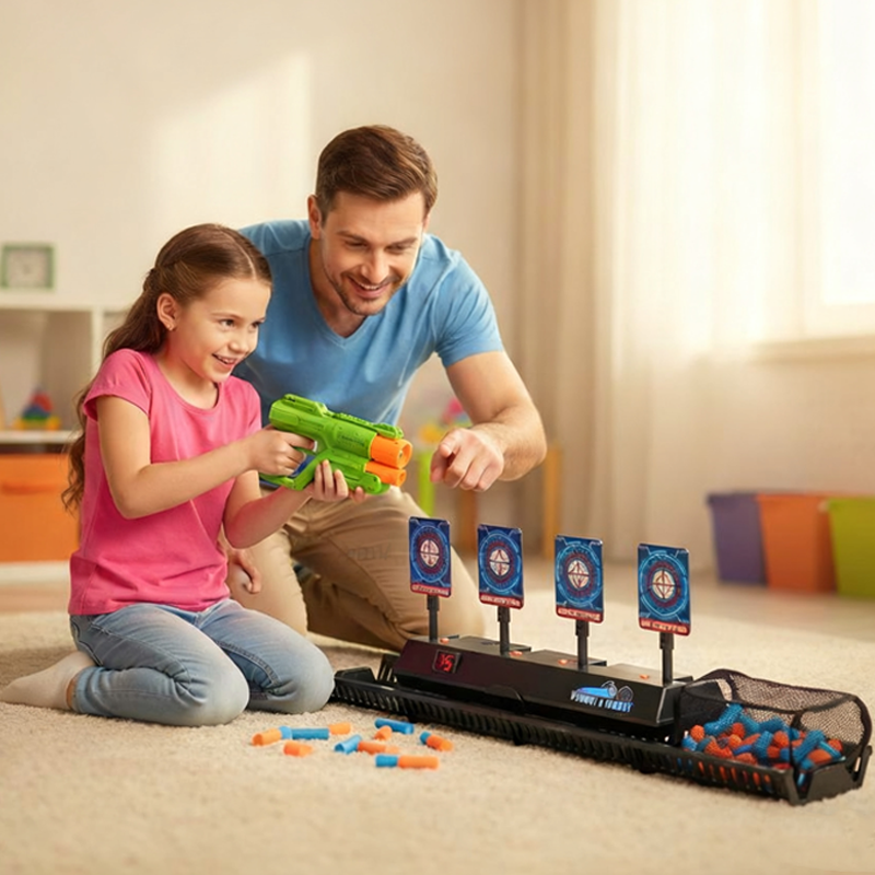 Interaktiivinen ammuntapeli liikkuvilla maaleilla ja automaattisella nollauksella