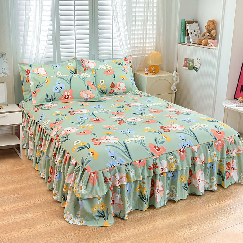 Luxe Bedrok- 3-Delige Set met 2 Kussenslopen & Dubbele Ruches (Boxspring Overtrek)