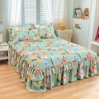 Luxe Bedrok- 3-Delige Set met 2 Kussenslopen & Dubbele Ruches (Boxspring Overtrek)