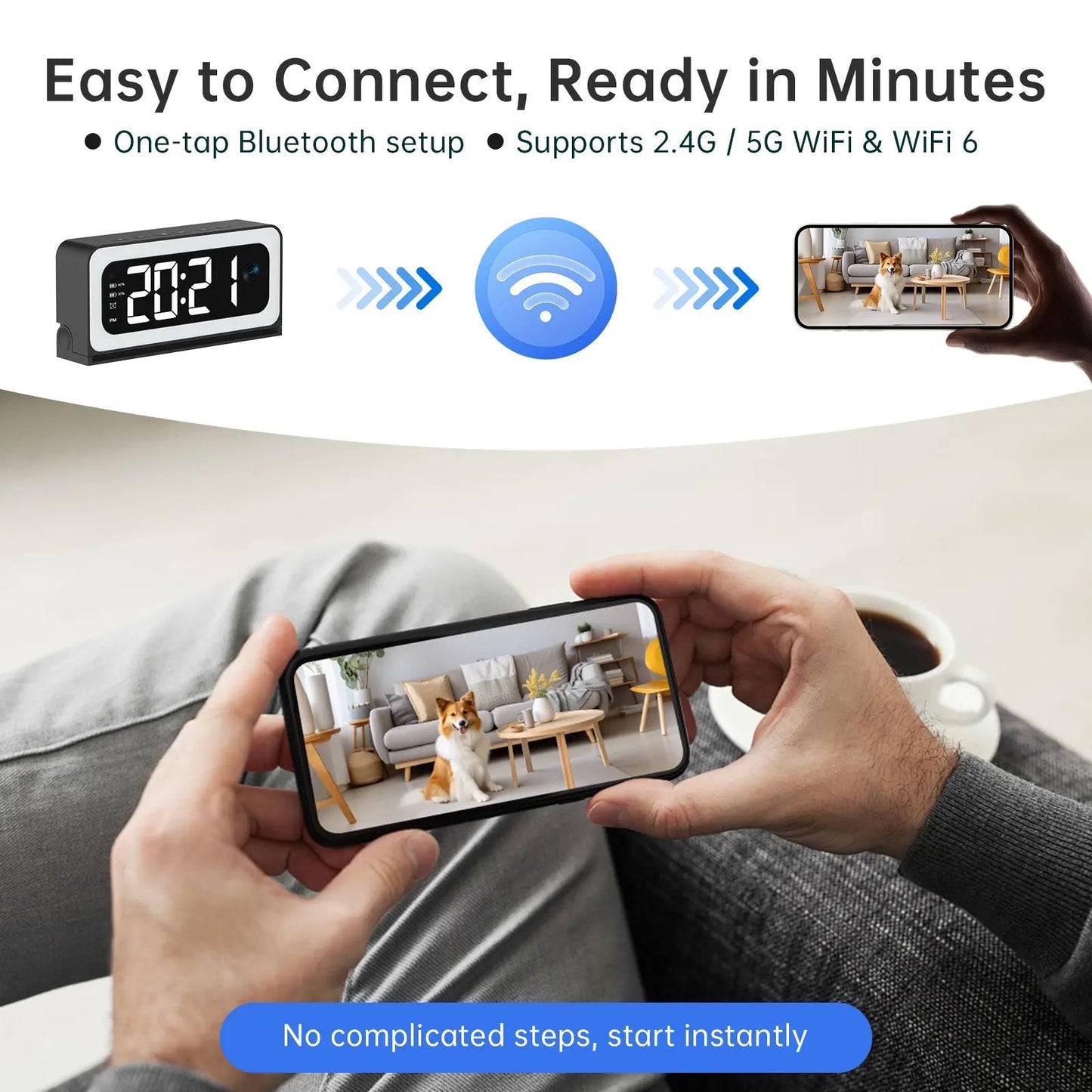 Slimme digitale klokcamera, ondersteunt dual-band wifi (5 GHz en 2,4 GHz) | Veilig bewakingssysteem voor thuis met realtime-monitoring